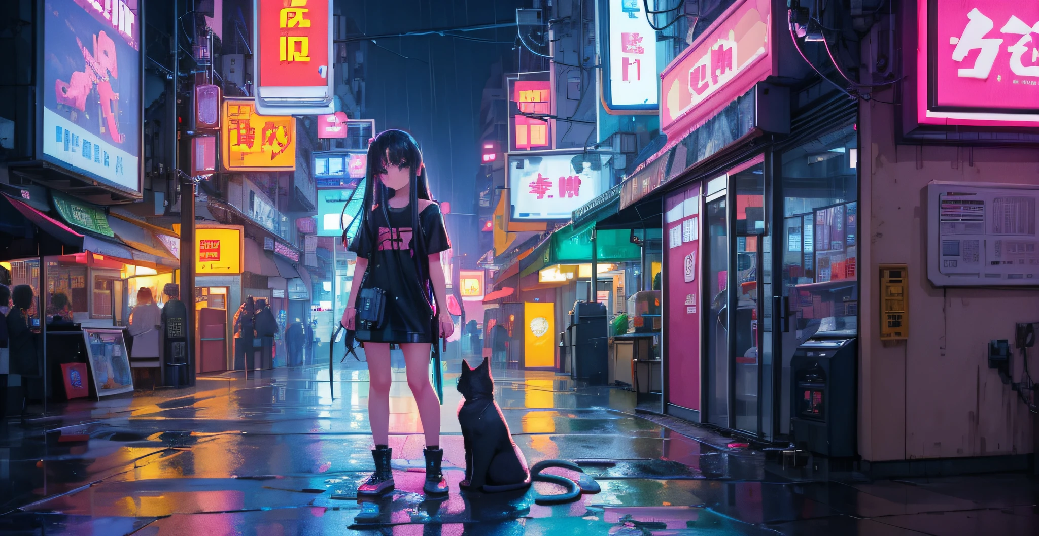 (pixel art_1.1)1girl,very long hair,Night,Street,Kitten,Small puddle,Rain,Neon Light,Hong Kong,Cyberpunk,Eating Popsicles,Insert pocket,Strap,short sleeve,White