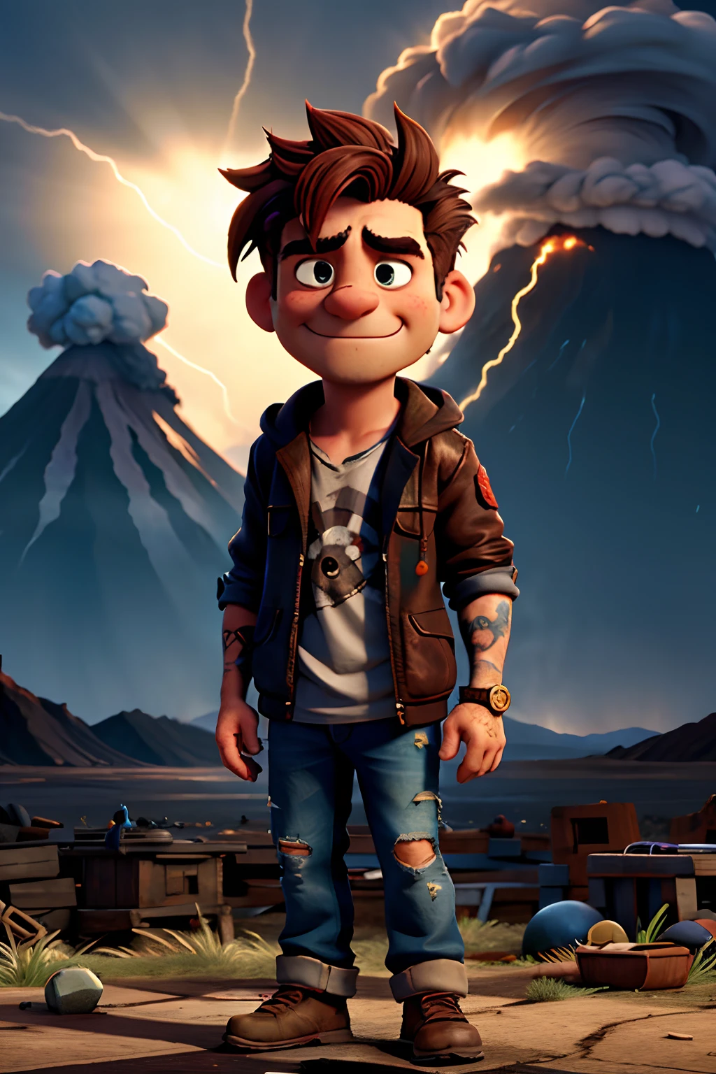 A mean man with sloppy hair, wearing tattered clothes, holding a skull in his hand, background is dark storm clouds, erupting volcano, rain, mood is gloomy, desperate, confining, depressing, night time light, character design.