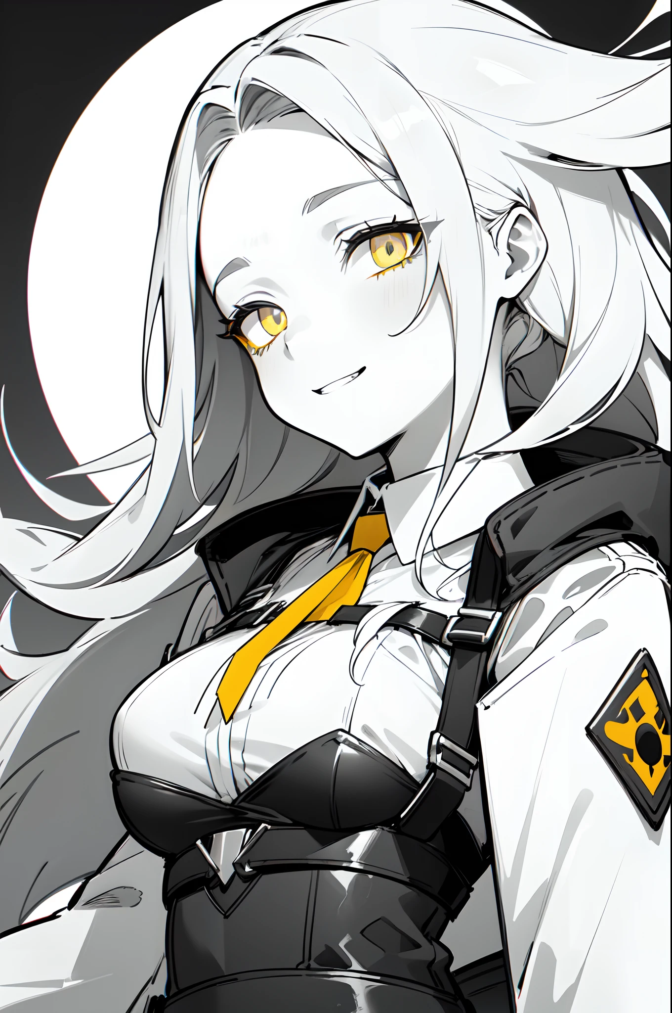 (((colored yellow eyes with greyscale background))), 1girl, woman, solo, long hair, big hair, (forehead:1.2), (round sunglasses:1.19), yellow eyes, medium breasts, devilish grin from below, white hair, (overcoat, black coat, open coat:1.2), white shirt, collared shirt, (chest harness, shoulder strap:1.15), black leather shorts, garter belt, gloves, ((from below)), elegant, looking at viewer, standing, chromatic aberration, (close-up to face:1.2), face only masterpiece, best quality, 4k