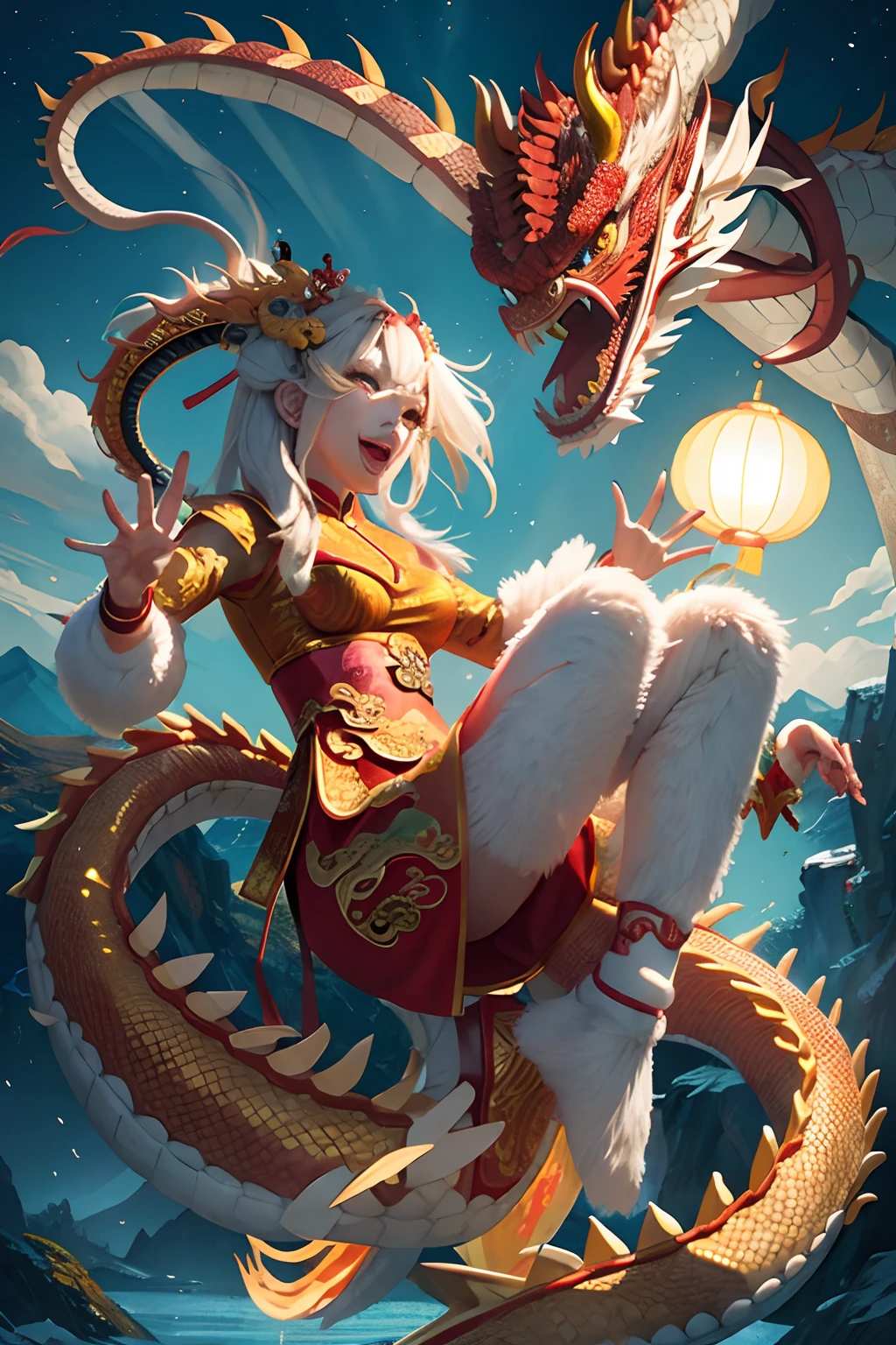 1 naked girl, liuyun, fire ball, long hair, floating hair, hair flower, eastern dragon, red and white, upper body, looking at viewer, nsfw, full body