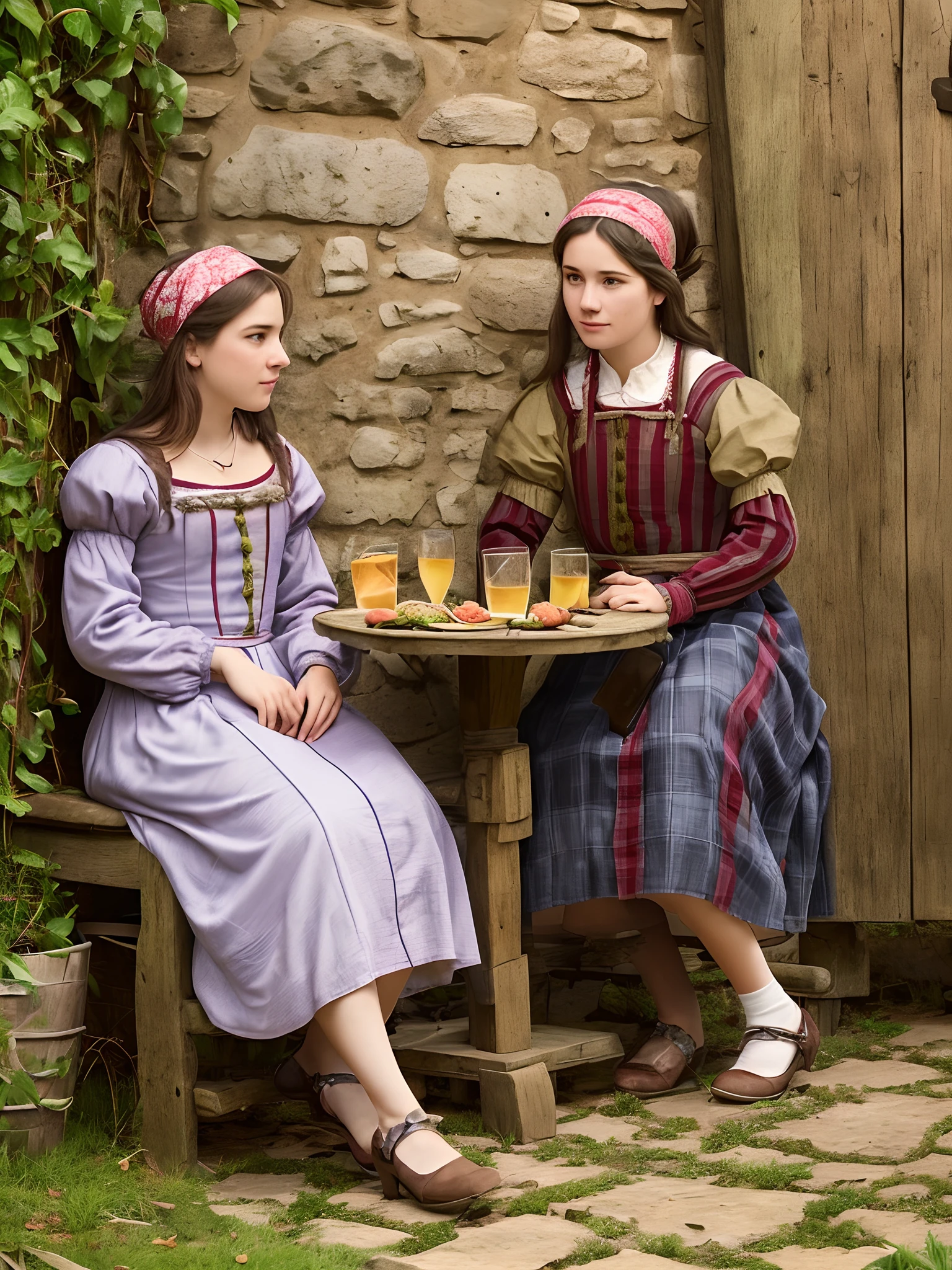 Two Peasant medieval young women in yard tavern, photo style --auto --s2