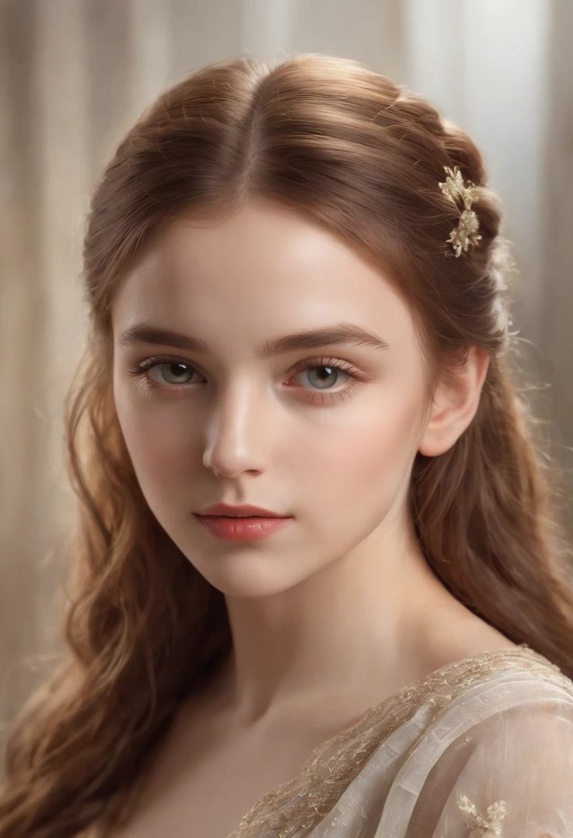 Type of Image: Photorealistic Portrait
Subject Description: Create a photorealistic portrait of a young, obedient girl with delicate features, expressive eyes, and a serene expression on her face. She should have long, flowing hair and be dressed in a simple, elegant outfit.
Art Styles: Realism, Soft Lighting
Art Inspirations: Portraits by John Singer Sargent, Classical Renaissance Portraits
Camera: DSLR Camera
Shot: Close-up
Render Related Information: High resolution (4K), detailed, soft and natural lighting, golden ratio composition.