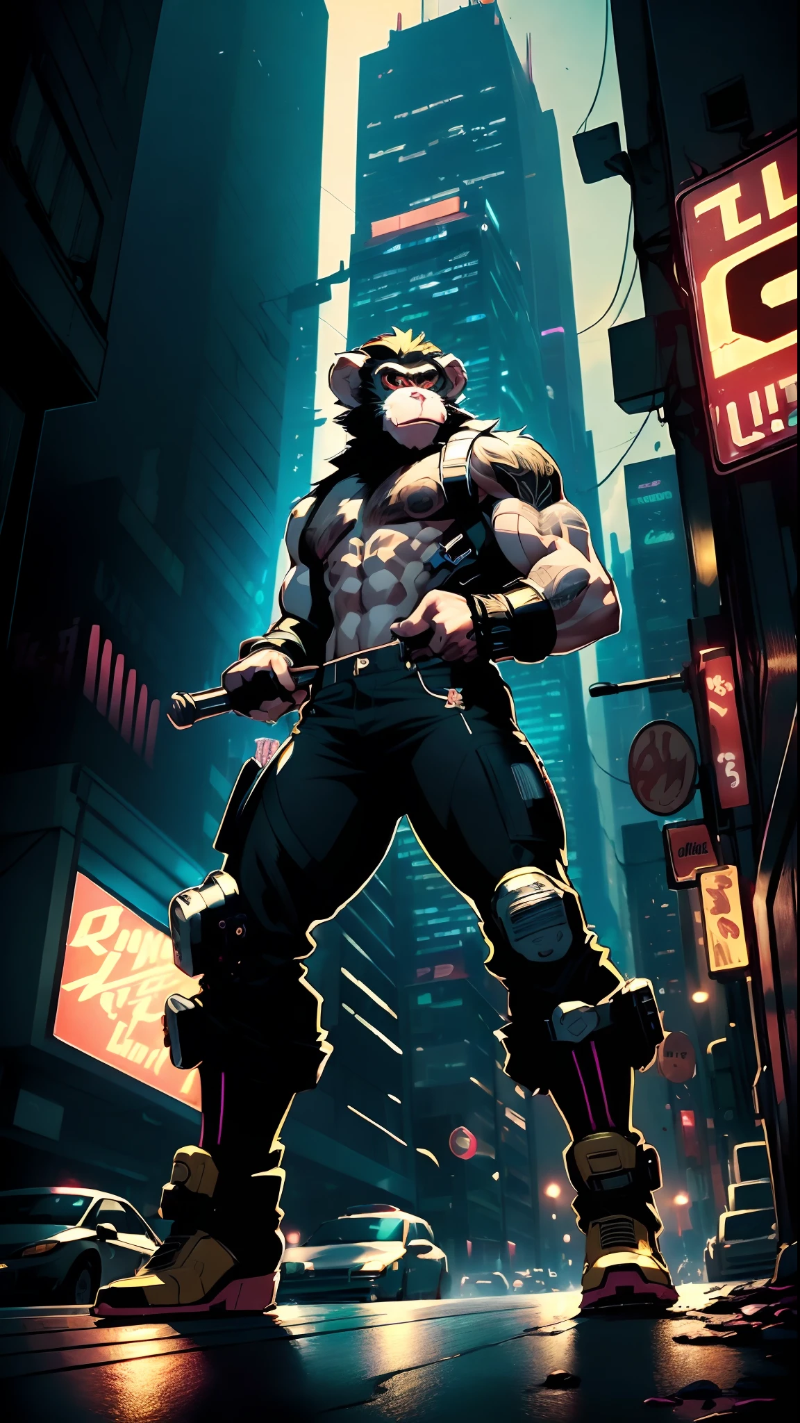 ((best quality)),((ultratailed)), ((masterpiece)), illustration, Scene structure: Animal monkey personified as a gangster, with monkey face and human body. He has a muscle build and tattoos on his body. He rides his motorcycle in the city, with tall buildings behind him and flashing neon lights. Immediate composition: Monkey-gangster, animal personification, riding motorcycle, tattooed body, muscle building, cityscape, tall buildings, neon Substance 3D lights, Octane rendering, (hdr: 1.3)