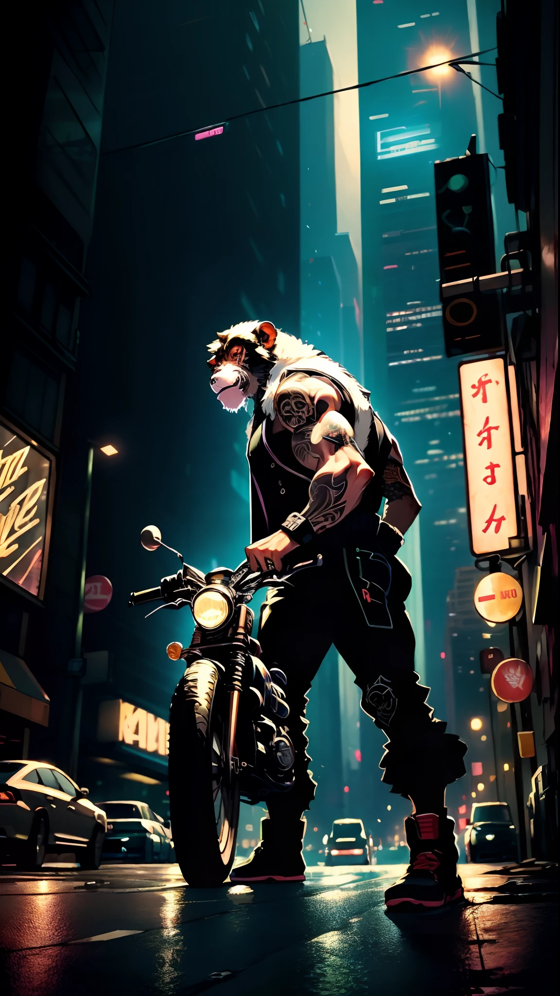 ((best quality)),((ultratailed)), ((masterpiece)), illustration, Scene structure: Animal monkey personified as a gangster, with monkey face and human body. He has a muscle build and tattoos on his body. He rides his motorcycle in the city, with tall buildings behind him and flashing neon lights. Immediate composition: Monkey-gangster, animal personification, riding motorcycle, tattooed body, muscle building, cityscape, tall buildings, neon Substance 3D lights, Octane rendering, (hdr: 1.3)