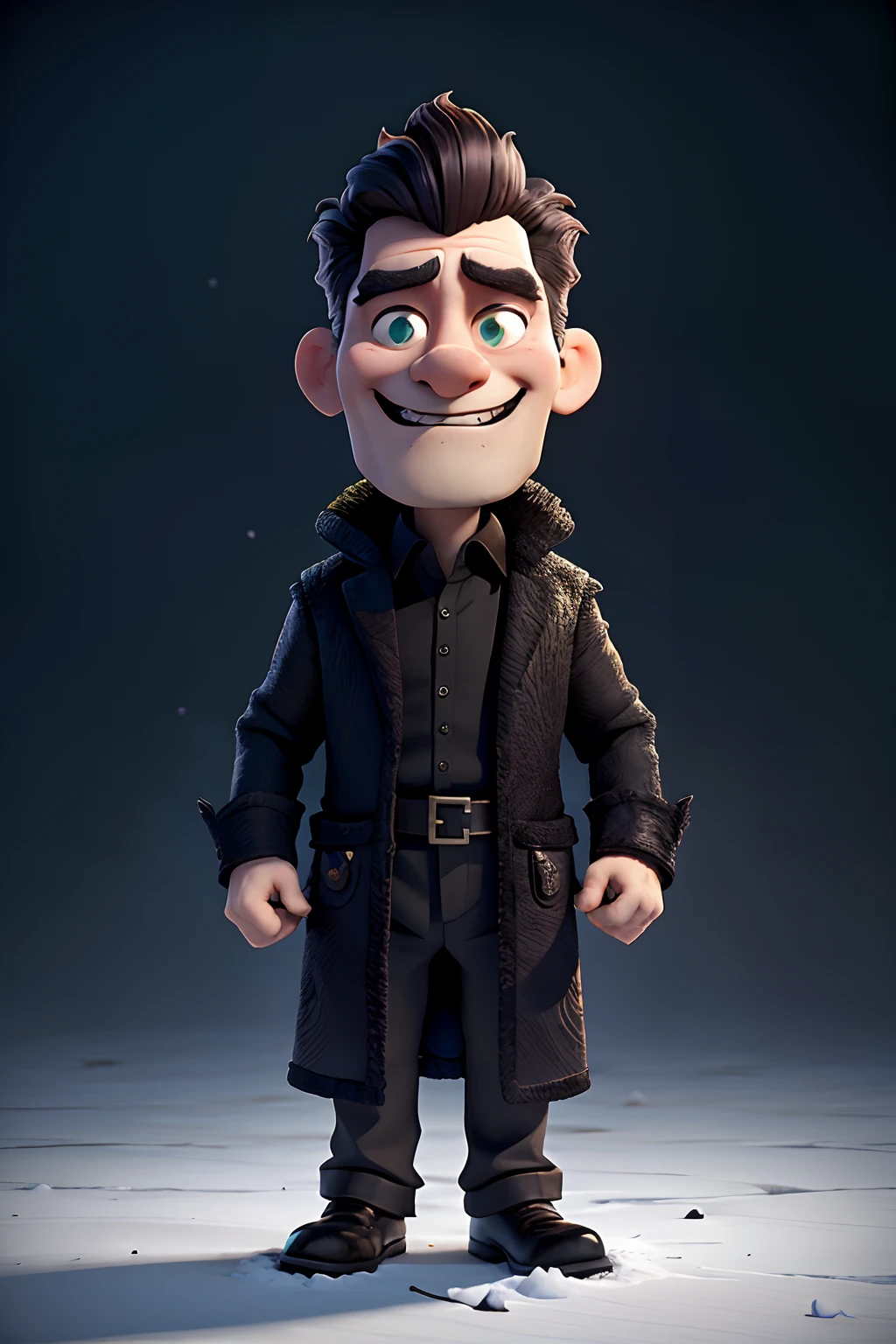 A man who is an evil emperor with a sinister grin, wearing a broken crown, holding a ball of confusion in his hand, background is black night sky, eerie lighting, snow falling, mood is futile, nugatory, abysmal, desolate, character design.