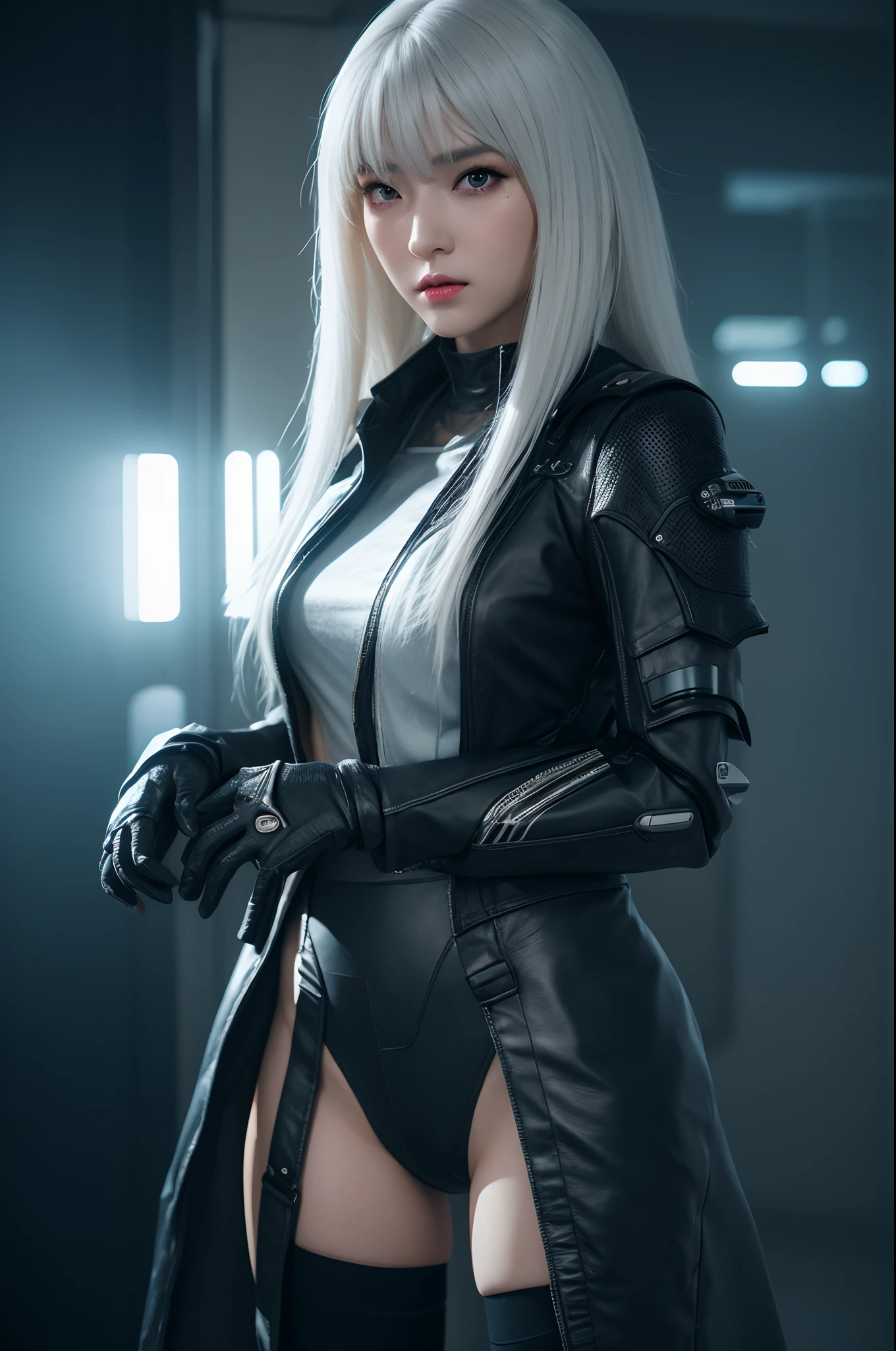 bestquality,highquality,superdetail,texturedskin,detail,awardwinning,3D, A beautiful cyberpunk female image,battledress,white haired,hdr(HighDynamicRange),Ray traching,NVIDIA RTX,Hyper-Resolution,Unreal 5,Subsurface scattering、PBR Texture、post-proces、Anisotropy Filtering、depth of fields、maximum definition and sharpness、Many-Layer Textures、Albedo e mapas Speculares、Surface coloring、Accurate simulation octane rendering of light-material interactions、Two-colored light、largeaperture、Low ISO、White balance、the rule of thirds、8K raw data、blackstockings