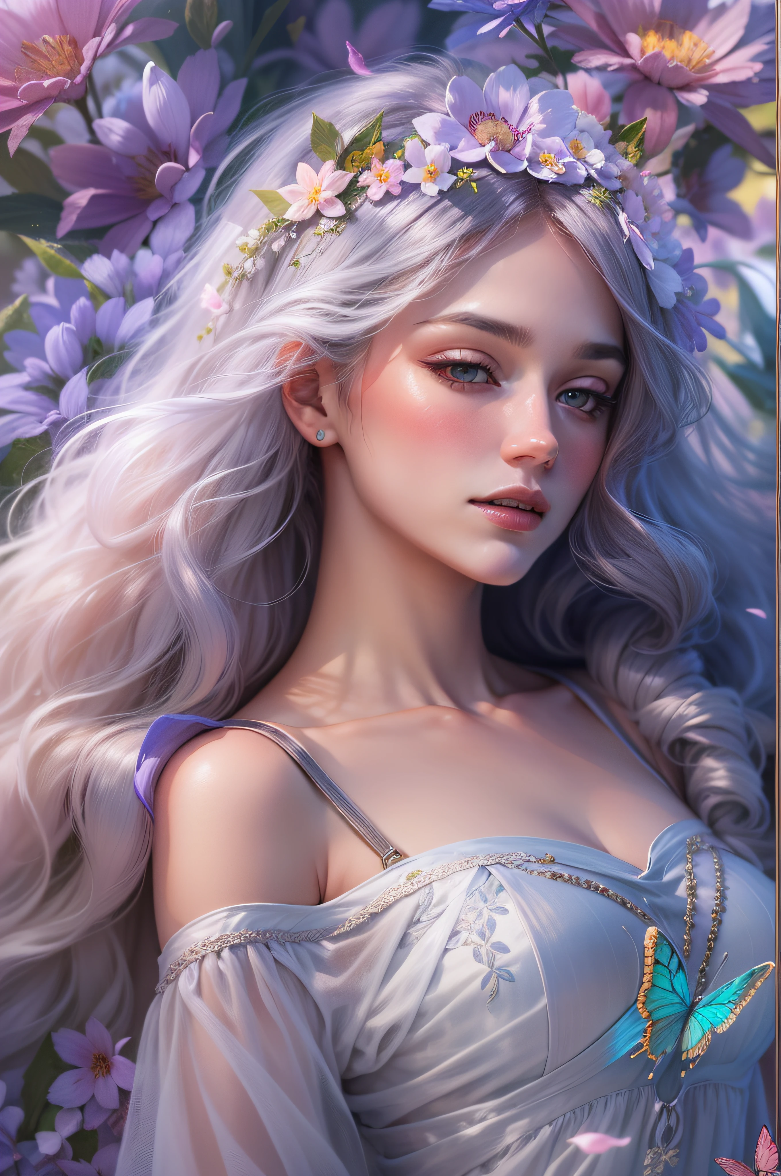 best quality,ultra-detailed,realistic, vivid colors, studio lighting, HDR, 8k, masterpiece:1.2, long luscious rainbow-colored hair, shining silver horn, gentle and serene expression, mesmerizing purple eyes, elegant and graceful posture, beautiful butterfly wings, flowing and iridescent gown, surrounded by blooming flowers, ethereal and magical atmosphere, fantasy art, dreamlike scenery, soft and warm color tones