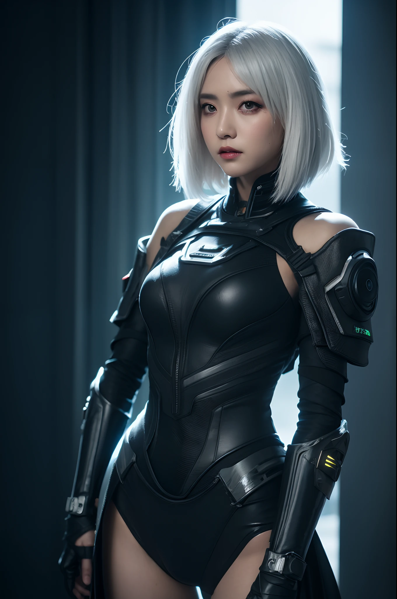 bestquality,highquality,superdetail,texturedskin,detail,awardwinning,3D, A beautiful cyberpunk female image,battledress,white haired,hdr(HighDynamicRange),Ray traching,NVIDIA RTX,Hyper-Resolution,Unreal 5,Subsurface scattering、PBR Texture、post-proces、Anisotropy Filtering、depth of fields、maximum definition and sharpness、Many-Layer Textures、Albedo e mapas Speculares、Surface coloring、Accurate simulation octane rendering of light-material interactions、Two-colored light、largeaperture、Low ISO、White balance、the rule of thirds、8K raw data、blackstockings