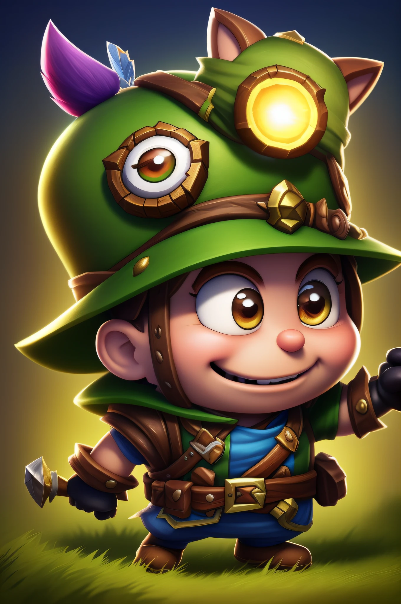 3D illustration of Captain Teemo ranger forests (Tamia), Magnifiques minions de peinture, Personnage de League of Legend, Illustration du jeu de cartes Hearthstone. adorable digital painting, Art officiel de League Of legend, Art of the game type online battle arena, Personnage emblématique League of Legend, cute detailed digital art.
