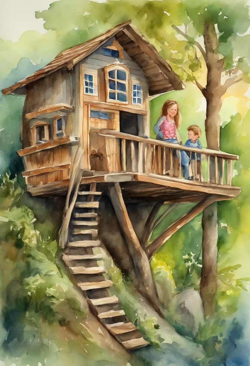 Two friends, a boy and a girl, are sitting in a treehouse. The boy is looking at a map.