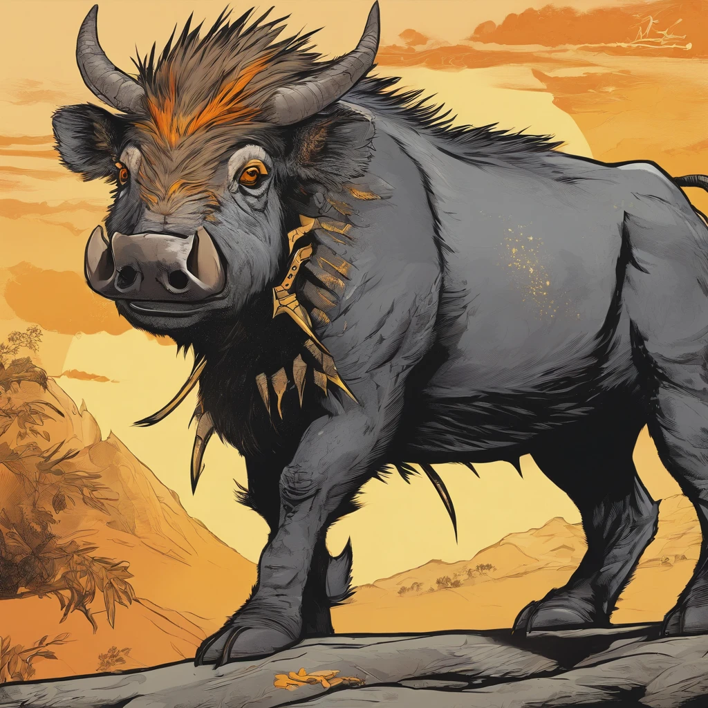 Warthog with black fur and yellow-orange-black eyes and covered in a spike grey and brown shell, best quality, masterpiece
