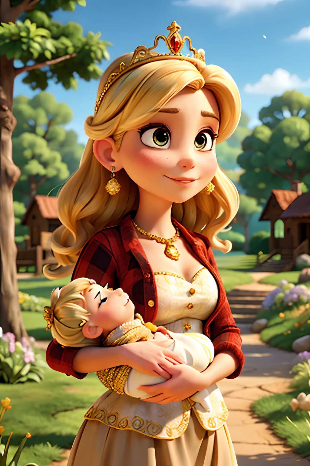 A woman who is a young mother, holding her baby, wearing a jeweled crown and jeweled earrings, background is springtime landscape, mood is prosperous, wealthy, nurturing, nourishing, daytime light, character design.