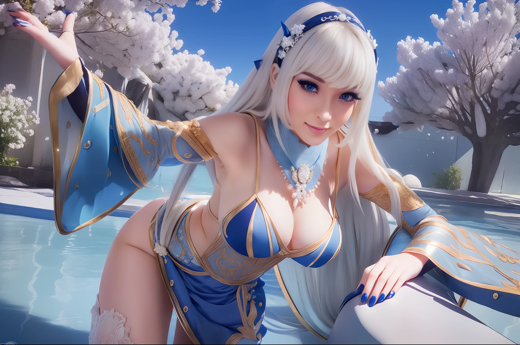 white long hair, wearing blue navy dress elegant, smile expressioon, Staring intently, 3horn headband, blue nails, photorealistic, masterpiece, beautiful face, perfect hand, perfect finger