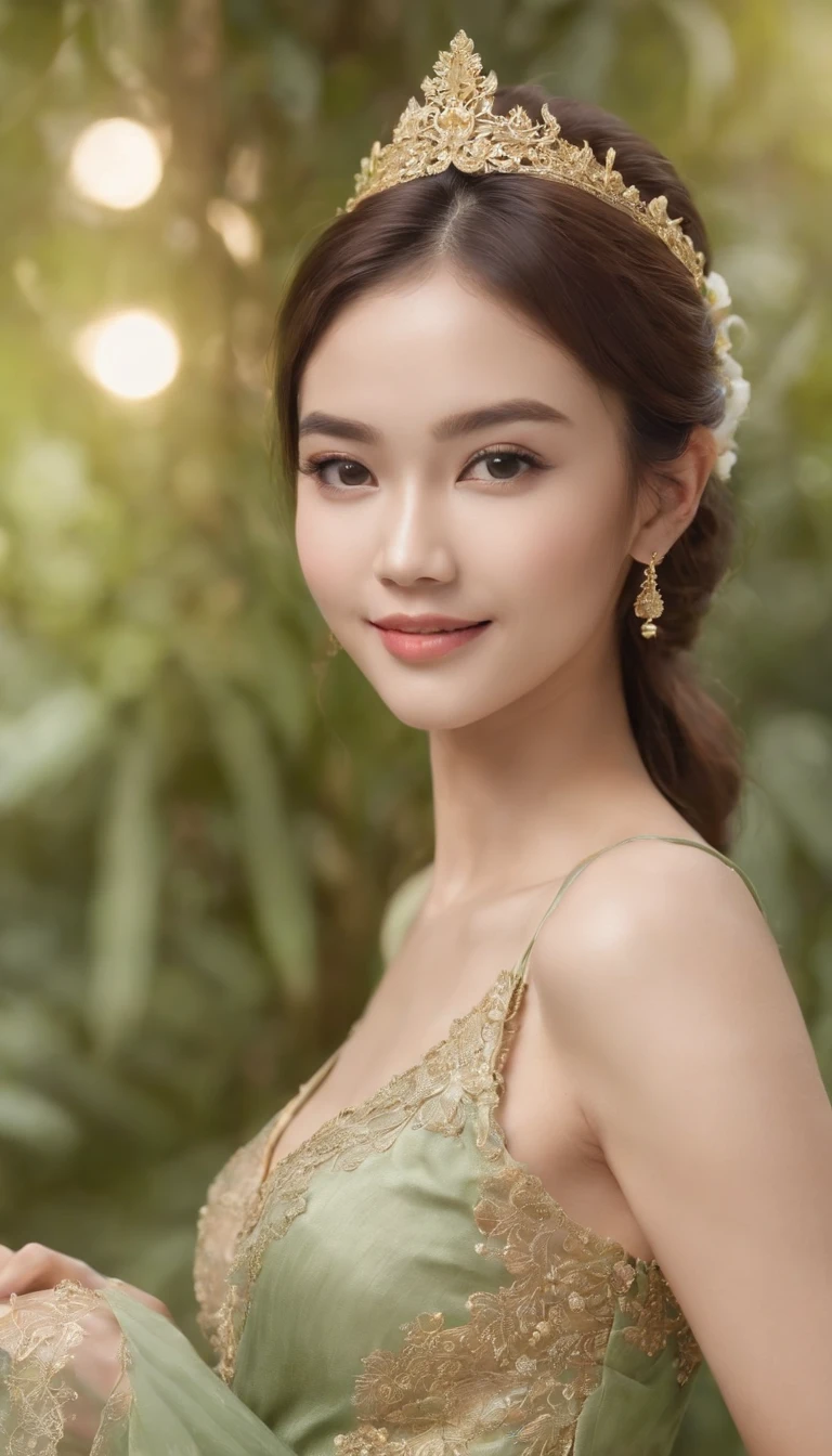 myth,argent,kebaya,gold,Scroll,batik,sleeveless, treasure,universe, face the camera, smile, 19 year old girl, cute girl, beautiful girl, indonesian model, white healthy skin, delicate eyes, tied-up hair, ethnic earrings, golden tiara, full body photo, realistic hands, realistic fingers, natural hands, natural fingers, (sexy body:1.2), (slim waist:1.2), product photo shoot, shows a small green tube beauty serum.