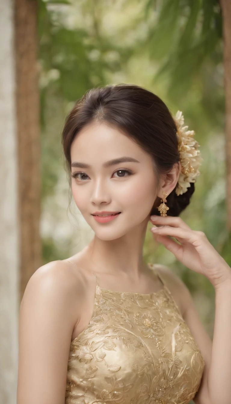 myth,argent,kebaya,gold,Scroll,batik,sleeveless, treasure,universe, face the camera, smile, 19 year old girl, cute girl, beautiful girl, indonesian model, white healthy skin, delicate eyes, tied-up hair, ethnic earrings, golden tiara, full body photo, realistic hands, realistic fingers, natural hands, natural fingers, (sexy body:1.2), (slim waist:1.2), product photo shoot, shows a small green tube beauty serum.