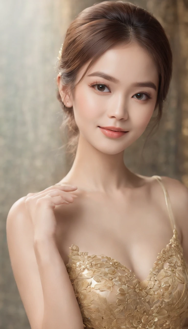 
Portrait of a beautiful young woman with fair skin, brown eyes, long black hair, arranged in a high bun, with a pink flower on her head. She wears soft white underwear with gold patterns as decorations. The underwear is made of satin with a shiny texture, revealing a seductive body. She turns her face to look at the audience seductively. The light from the red lamp shines on the black background, making her look outstanding and eye-catching. The atmosphere is romantic and mysterious. 