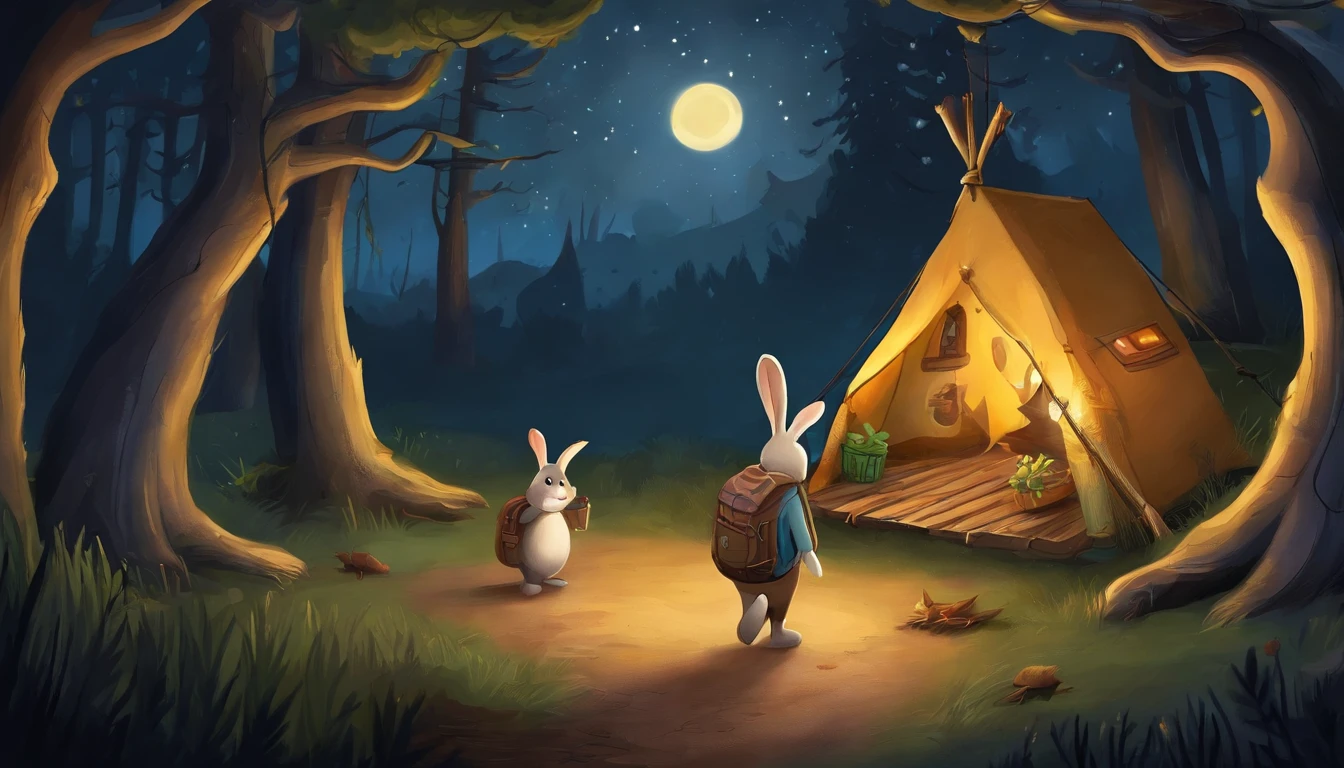Cartoon rabbit with backpack standing in the forest at night, Rabbt_character, illustration of children's books, Noite na floresta, official illustration, Judy Hopps, story book illustration, illustration of children's books, colorful kids book illustration, Uma floresta com coelhos, fundo da floresta noturna, illustration for children, illustration of children's book, in the forest at night, illustration of children's book, com mochila nas costas, Side in hand, usando roupas de explorador, natureza, a noite, bosque encatado, noite estrelada, starly sky, Stars in the sky, arvores, desenho estilo disney 2d, coelho pequeno, vestindo roupas de explorador, with a lantern in hand, illuminating the darkness, na floresta encantada a noite estrelada full HD 4K.
