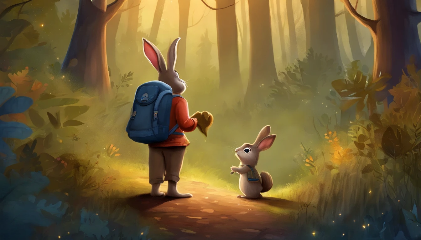 Cartoon rabbit with backpack standing in the forest at night, Rabbt_character, illustration of children's books, Noite na floresta, official illustration, Judy Hopps, story book illustration, illustration of children's books, colorful kids book illustration, Uma floresta com coelhos, fundo da floresta noturna, illustration for children, illustration of children's book, in the forest at night, illustration of children's book, com mochila nas costas, Side in hand, noite estrelada, estrelas, vagalumes, roupas de explorador, natureza.