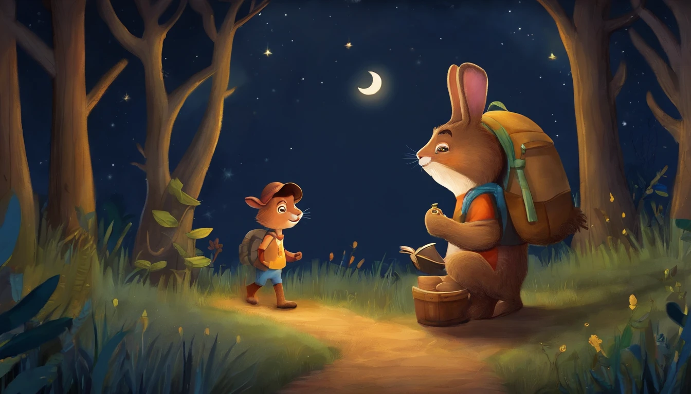 Cartoon rabbit with backpack standing in the forest at night, Rabbt_character, illustration of children's books, Noite na floresta, official illustration, Judy Hopps, story book illustration, illustration of children's books, colorful kids book illustration, Uma floresta com coelhos, fundo da floresta noturna, illustration for children, illustration of children's book, in the forest at night, illustration of children's book, com mochila nas costas, Side in hand, usando roupas de explorador, natureza, a noite, bosque encatado, noite estrelada, starly sky, Stars in the sky, arvores, desenho estilo disney 2d, coelho pequeno, vestindo roupas de explorador, with a lantern in hand, illuminating the darkness, na floresta encantada a noite estrelada full HD 4K.