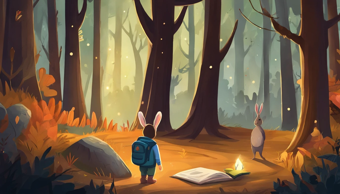 Cartoon rabbit with backpack standing in the forest at night, Rabbt_character, illustration of children's books, Noite na floresta, official illustration, Judy Hopps, story book illustration, illustration of children's books, colorful kids book illustration, Uma floresta com coelhos, fundo da floresta noturna, illustration for children, illustration of children's book, in the forest at night, illustration of children's book, com mochila nas costas, Side in hand, usando roupas de explorador, natureza, a noite, bosque encatado, noite estrelada, starly sky, Stars in the sky, arvores, desenho estilo disney 2d, coelho pequeno, vestindo roupas de explorador, with a lantern in hand, illuminating the darkness, na floresta encantada a noite estrelada full HD 4K.
