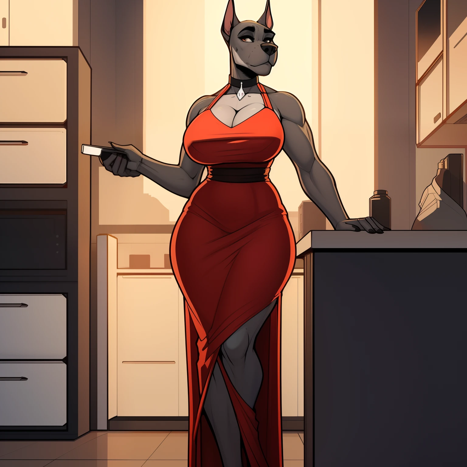 Tall_lanky_muscular_great_dane female gray_furry_body brown_eyes dress large_breasts solo Masterpiece best_quality absurdres highly_detailed cleanly_drawn_eyes anthro_only by_claweddrip, by_greasymojo, by_underscore-b, by_runawaystride