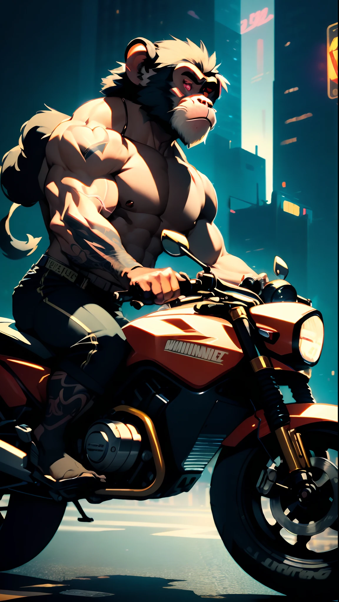 ((best quality)),((ultratailed)), ((masterpiece)), illustration, Scene structure: Animal monkey personified as a gangster, with monkey face and human body. He has a muscle build and tattoos on his body. He rides his motorcycle in the city, with tall buildings behind him and flashing neon lights. Immediate composition: Monkey-gangster, animal personification, riding motorcycle, tattooed body, muscle building, cityscape, tall buildings, neon Substance 3D lights, Octane rendering, (hdr: 1.3)