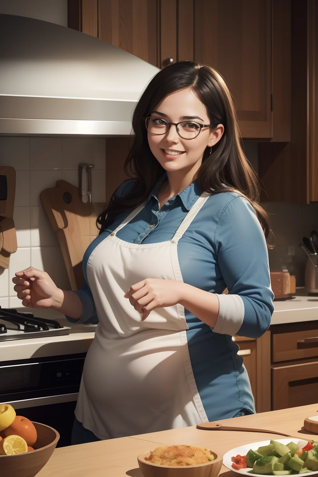 Digital illustration, a (happy sexy chubby woman with eyeglasses)), in the kitchen, energetic and intense scene, in the Style of Jean "Moebius" Girard and Milo Manara. Resolution: 8K, highly detailed."