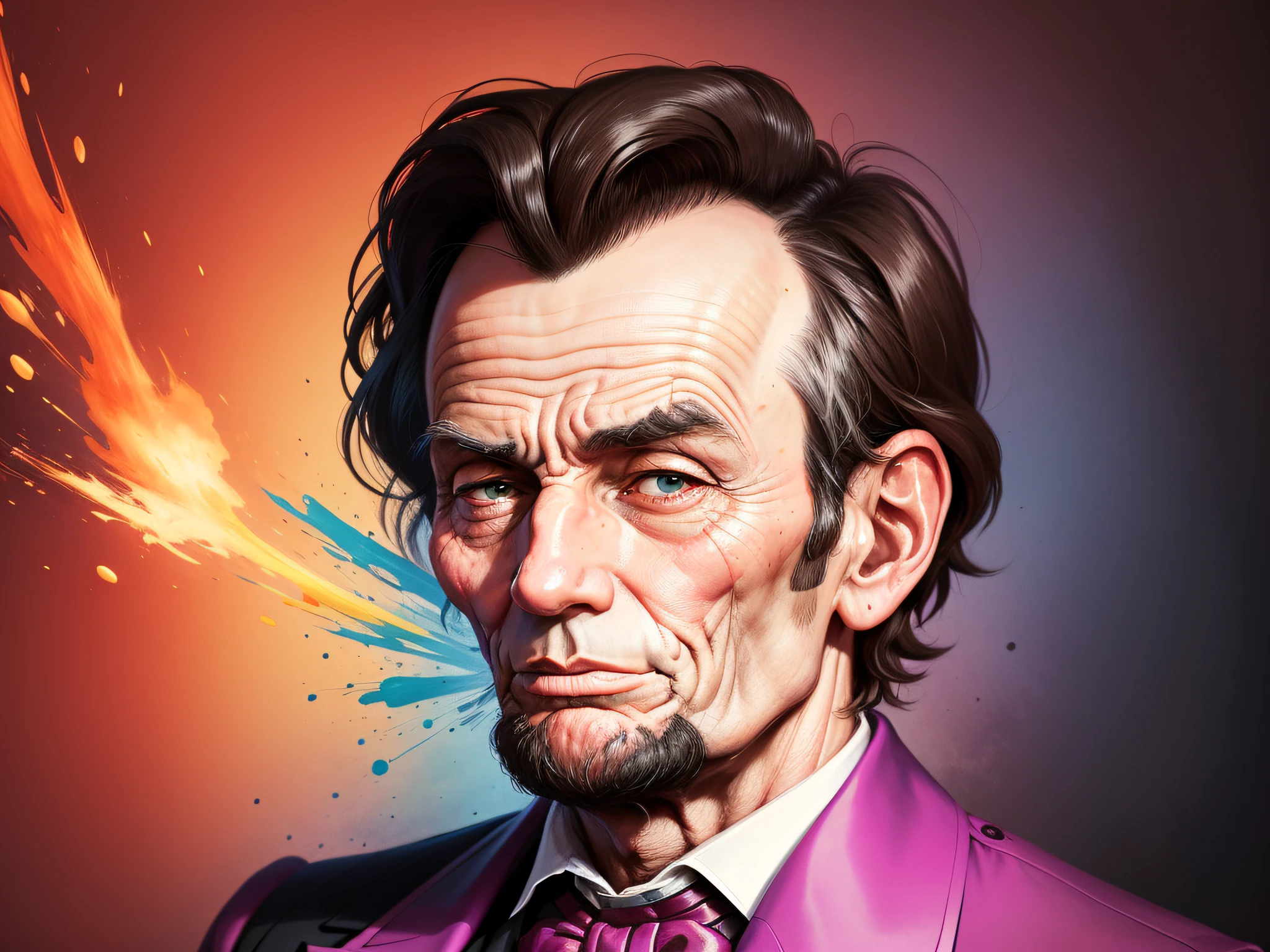 abraham lincoln portrait in naughty expression blinking his eye in pop dress, colorful splash background.