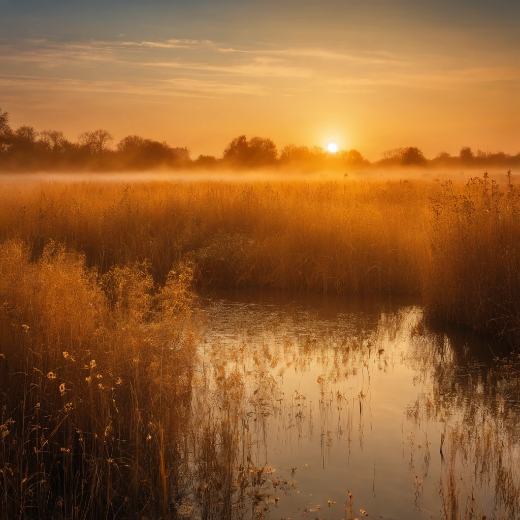 Tranquil reed wetland scenery at sunrise at autumn dawn，Soft gold tones depict the horizon of water and sky，Scattered small wildflowers，IMAGE IN 2560X1440 PIXEL FORMAT