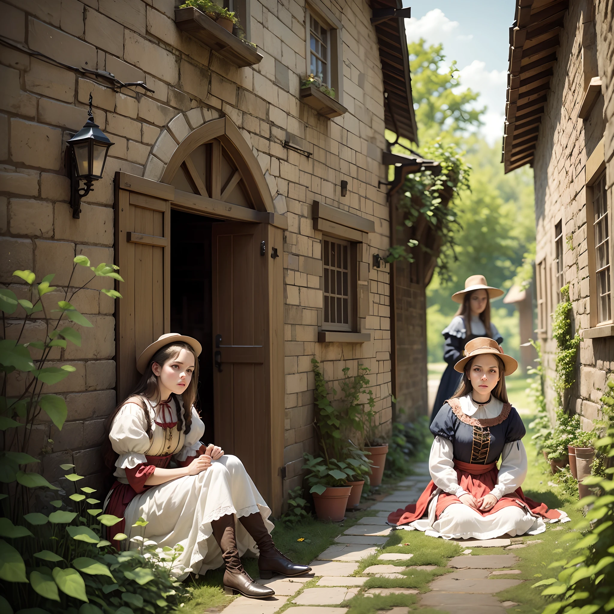 Peasant medieval confused young women in yard tavern, photo style Peasant medieval young women in yard tavern, photo style Confused guy, photo style --auto --s2