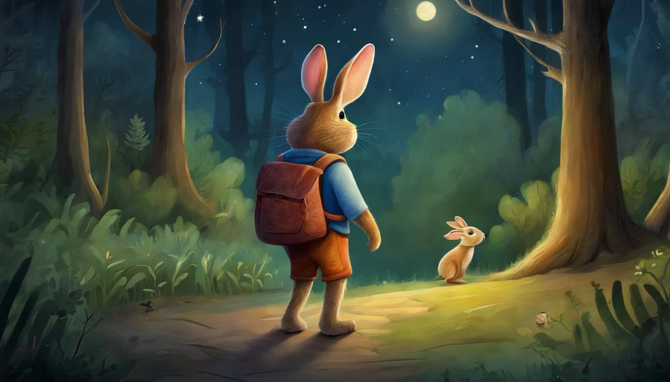 Cartoon rabbit with backpack standing in the forest at night, Rabbt_character, illustration of children's books, Noite na floresta, official illustration, Judy Hopps, story book illustration, illustration of children's books, colorful kids book illustration, Uma floresta com coelhos, fundo da floresta noturna, illustration for children, illustration of children's book, in the forest at night, illustration of children's book, com mochila nas costas, Side in hand, noite estrelada, estrelas, vagalumes, roupas de explorador, natureza.