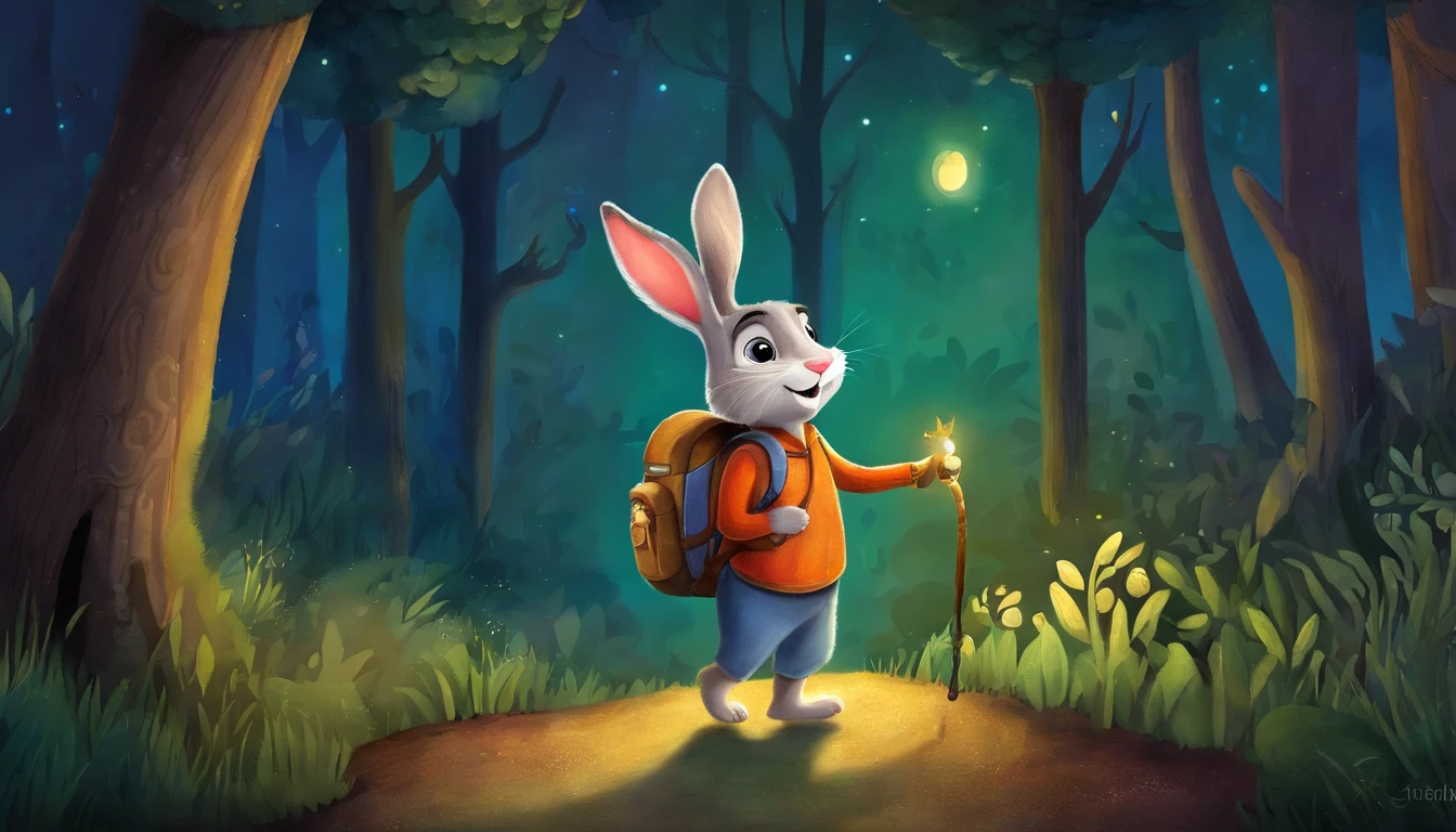 Cartoon rabbit with backpack standing in the forest at night, Rabbt_character, illustration of children's books, Noite na floresta, official illustration, Judy Hopps, story book illustration, illustration of children's books, colorful kids book illustration, Uma floresta com coelhos, fundo da floresta noturna, illustration for children, illustration of children's book, in the forest at night, illustration of children's book, com mochila nas costas, Side in hand, noite estrelada, estrelas, vagalumes, roupas de explorador, natureza.