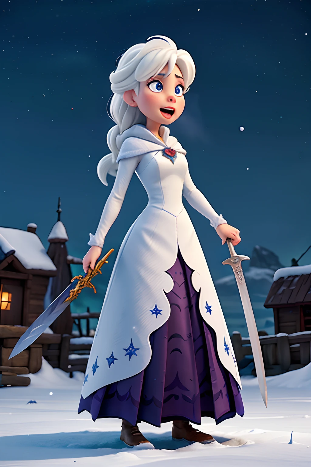 A woman who is an angry snow-queen, brandishing a frozen sword, snarling, background is eerie night sky, snowing, mood is repressed, fatalistic, nebulous, oblivious, character design.