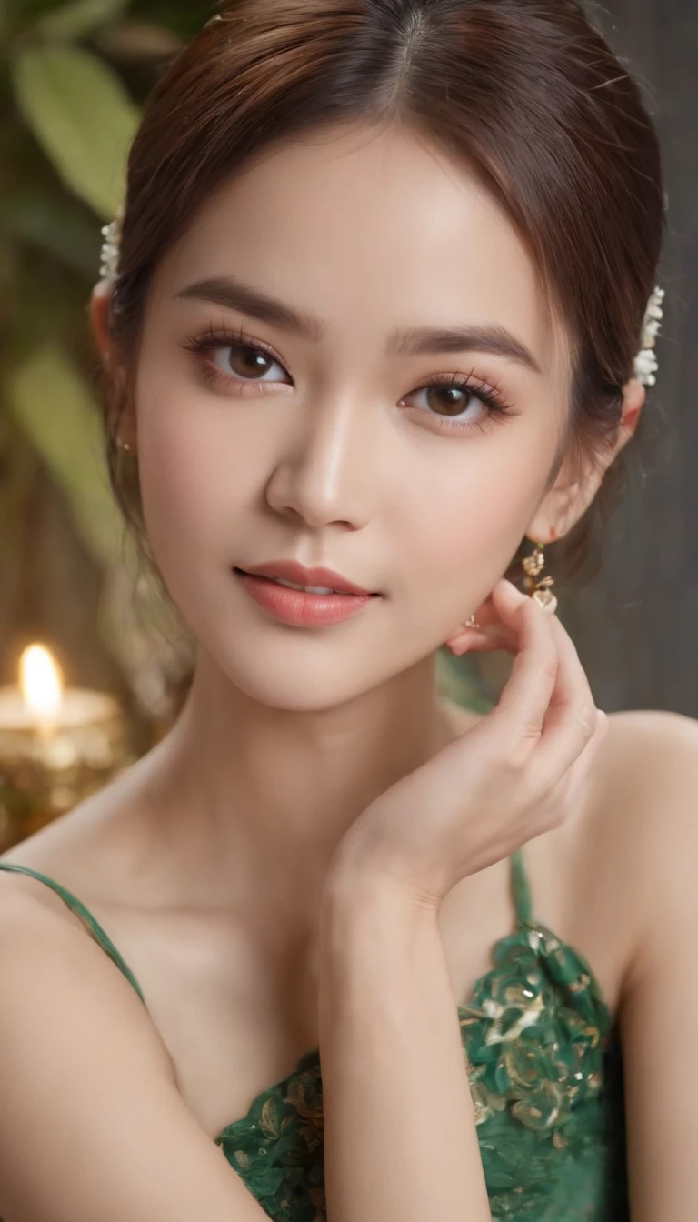 myth,argent,kebaya,gold,Scroll,batik,sleeveless, treasure,universe, face the camera, smile, 19 year old girl, cute girl, beautiful girl, indonesian model, white healthy skin, delicate eyes, tied-up hair, ethnic earrings, golden tiara, full body photo, realistic hands, realistic fingers, natural hands, natural fingers, (sexy body:1.2), (slim waist:1.2), beauty product photo shoot, holding a small greeen tube beaty serum