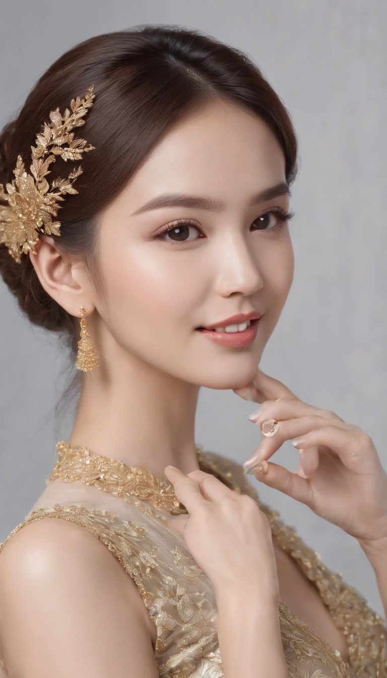myth,argent,kebaya,gold,Scroll,batik,sleeveless, treasure,universe, face the camera, smile, 19 year old girl, cute girl, beautiful girl, indonesian model, white healthy skin, delicate eyes, tied-up hair, ethnic earrings, golden tiara, full body photo, realistic hands, realistic fingers, natural hands, natural fingers, (sexy body:1.2), (slim waist:1.2), beauty product photo shoot, holding a small greeen tube beaty serum