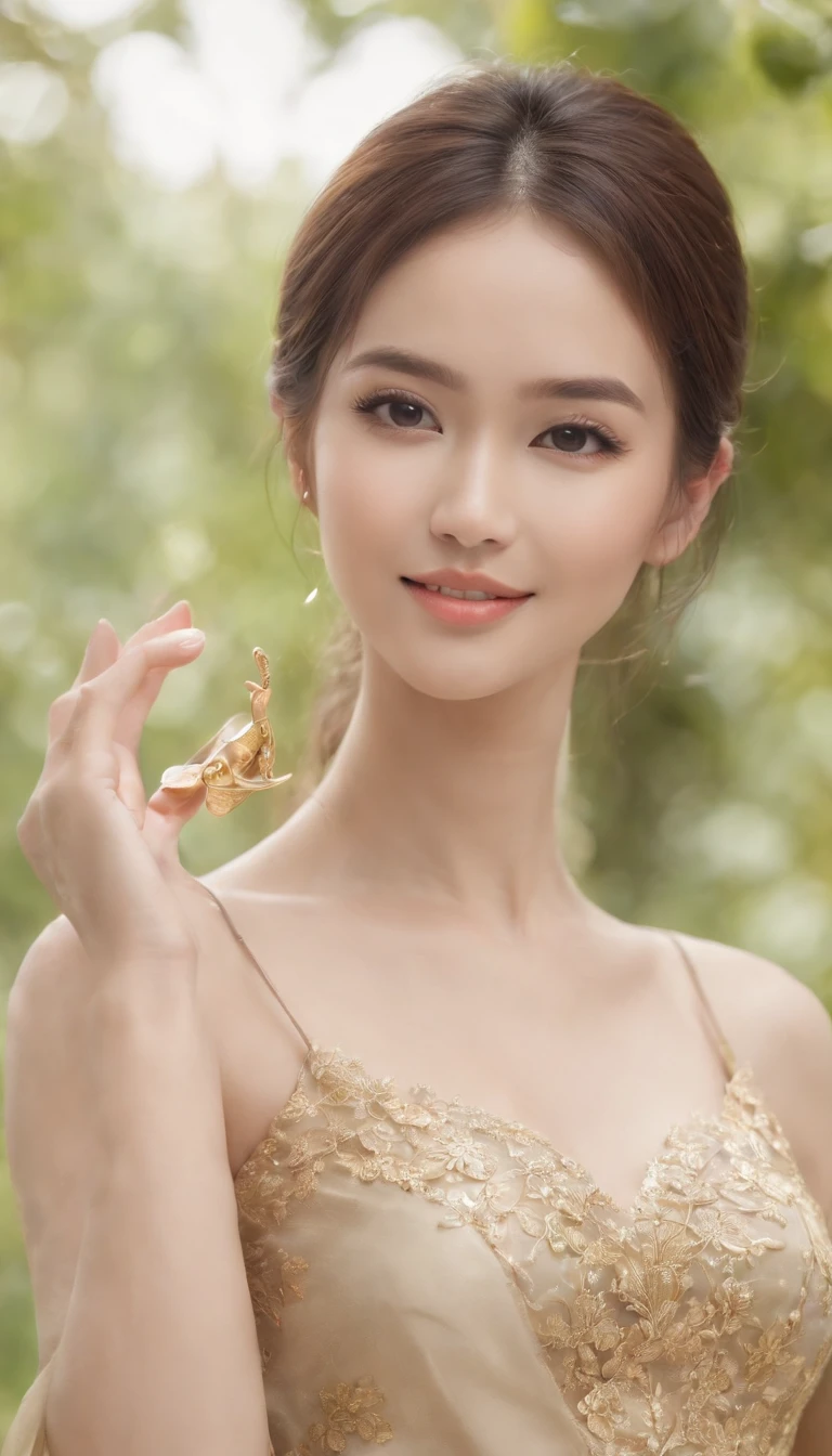 myth,argent,kebaya,gold,Scroll,batik,sleeveless, treasure,universe, face the camera, smile, 19 year old girl, cute girl, beautiful girl, indonesian model, white healthy skin, delicate eyes, tied-up hair, ethnic earrings, golden tiara, full body photo, realistic hands, realistic fingers, natural hands, natural fingers, (sexy body:1.2), (slim waist:1.2), beauty product photo shoot, holding a small greeen tube beaty serum