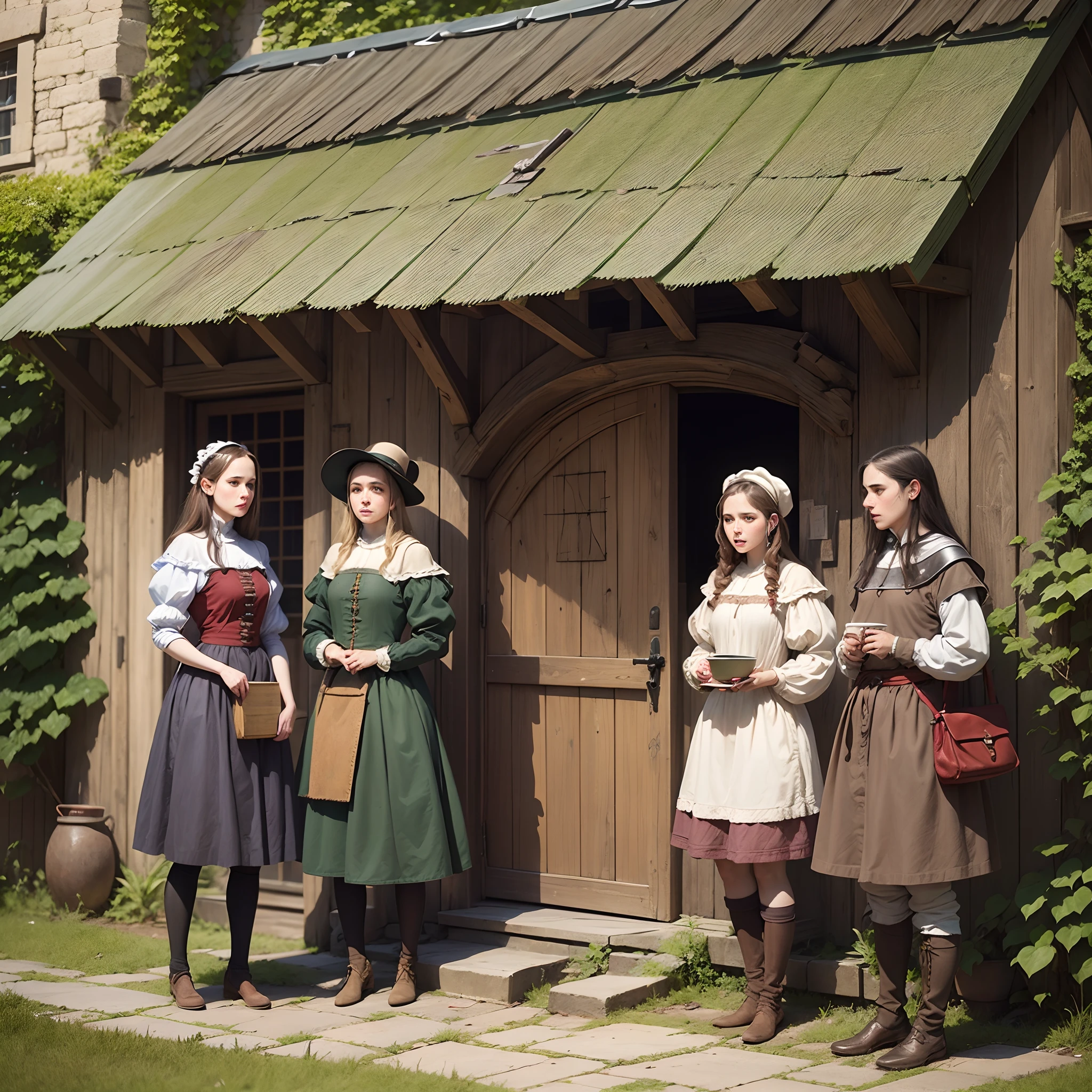 Peasant medieval confused young women in yard tavern, photo style Peasant medieval young women in yard tavern, photo style Confused guy, photo style --auto --s2
