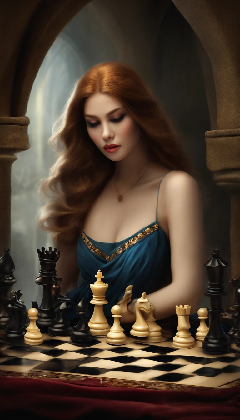 Best quality, Masterpiece, 超高分辨率, (photograph realistic:1.4), surrealism, Dream-like,fusionart, Shadowdancer, shadow magic, darkness control, stealth, shadowstep, umbral spells, hidden blade, (chess: 1.4)