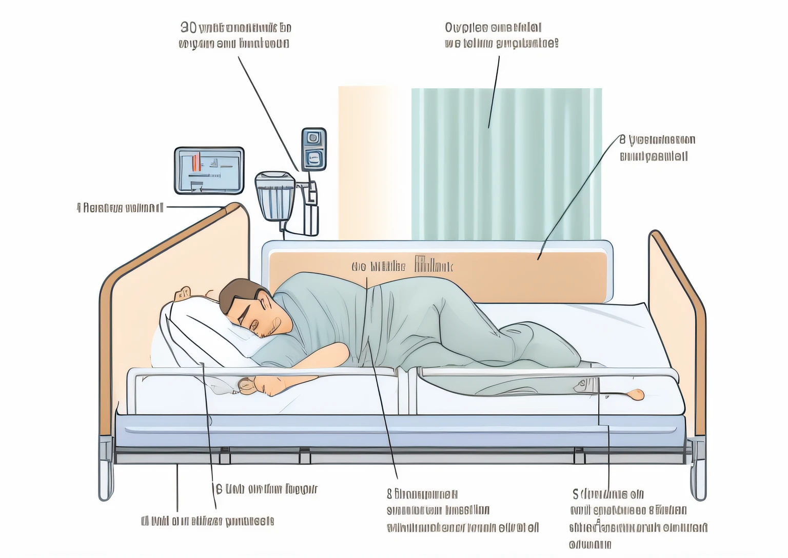 diagram of a man laying in a hospital bed with a driper, in hospital bed, illustration], side angle, illustration detailed, medical depiction, full figure, angle view, laying on a bed, detailed illustration, 3/4 side view, full-figure, an illustration of, bed on the right, full-length view, full - length view, close angle