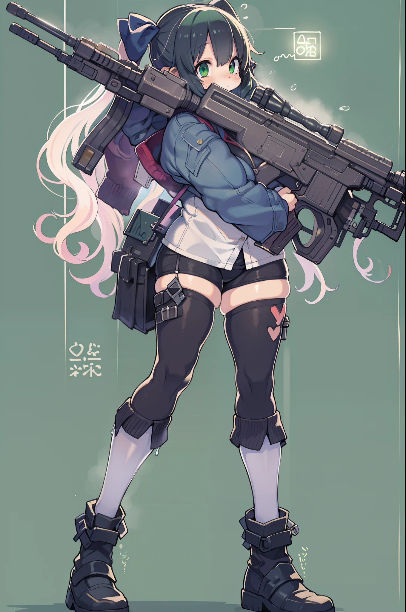 Huge assault rifle、Long sideburns、Anime-style girl with beautiful whole body, ,clean detailed faces, ciber,analogous colors, Glowing shadows, beautiful gradients, depth of fields, CLEAN IMAGE, High quality,Black Parker Closing、 high detailing, High Definition, blush, Fit, Heavenly Beauty, Very detailed, Soft lighting, Full body,Green&Black hair,Green eyes、Overhead view、look down from above、In heavy rain、Wide Shot、Very Wide Shot、bbw、thick thight、big butts、Ultramammy
