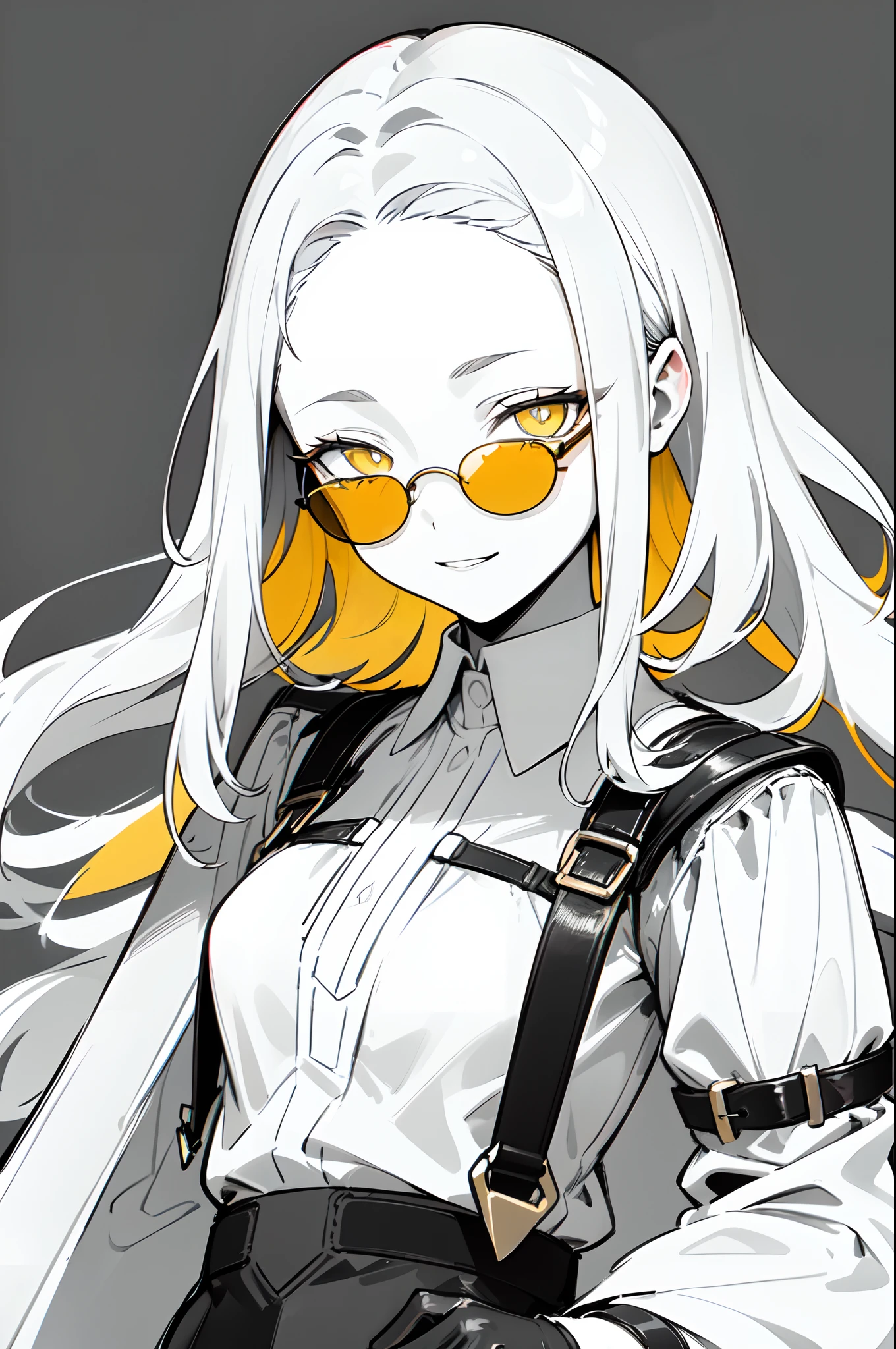 (((colored yellow eyes with greyscale background))), 1girl, woman, solo, long hair, big hair, (forehead:1.2), (round sunglasses:1.19), yellow eyes, medium breasts, devilish grin from below, white hair, (overcoat, black coat, open coat:1.2), white shirt, collared shirt, (chest harness, shoulder strap:1.15), black leather shorts, garter belt, gloves, ((from below)), elegant, looking at viewer, standing, chromatic aberration, (close-up to face:1.2), face only masterpiece, best quality, 4k
