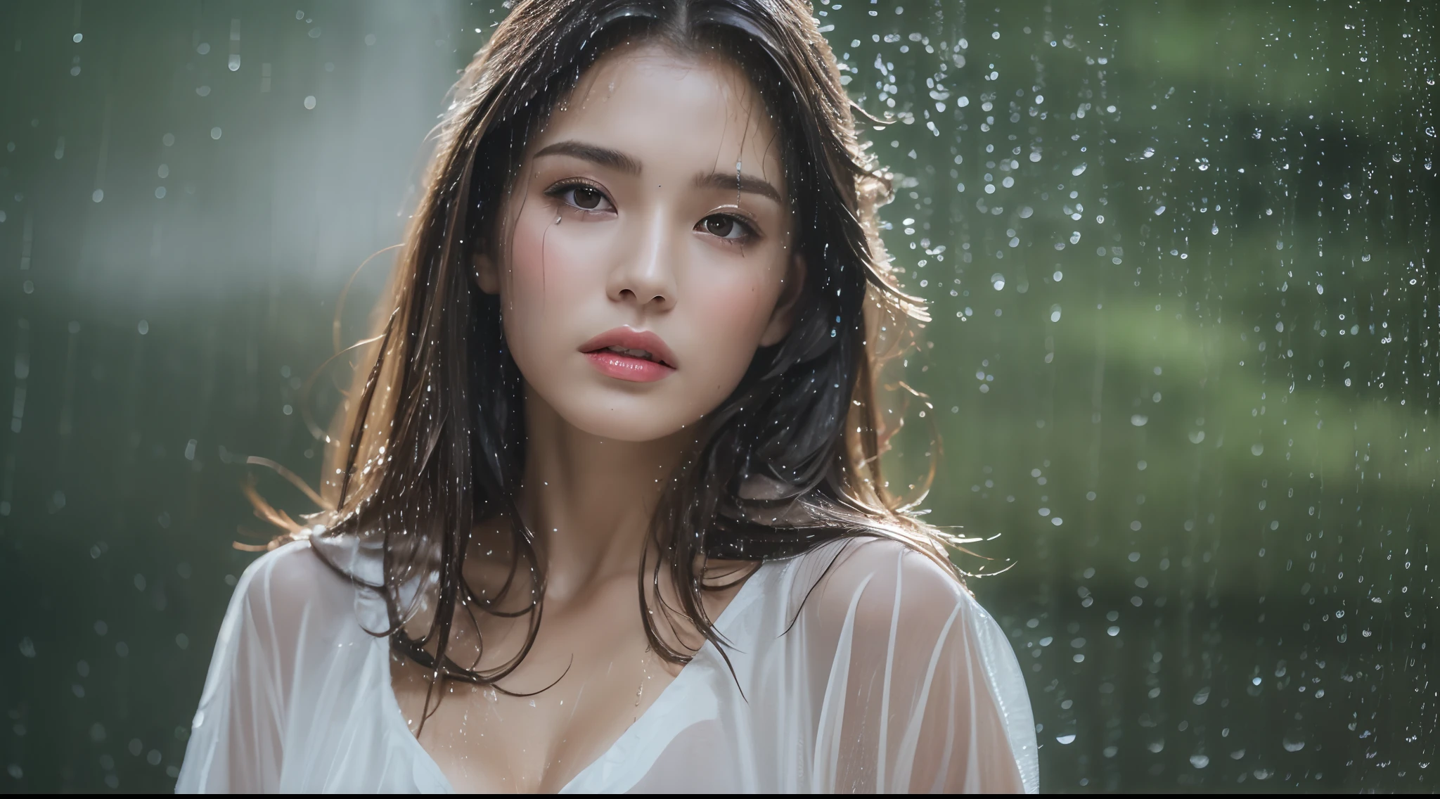 (Best quality, 4k, Masterpiece :1.3), pretty woman, 1girl, (breasts, attractive body :1.2), abs :1.1, dark brown hair: 1.1, (rainy wet, wet from rain, wet body :1.2), ultra-detailed face, detailed lips, detailed eyes, double eyelid