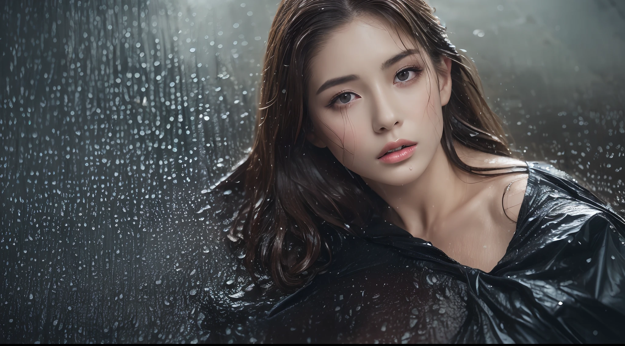 (Best quality, 4k, Masterpiece :1.3), pretty woman, 1girl, (breasts, attractive body :1.2), abs :1.1, dark brown hair: 1.1, (rainy wet, wet from rain, wet body :1.2), ultra-detailed face, detailed lips, detailed eyes, double eyelid