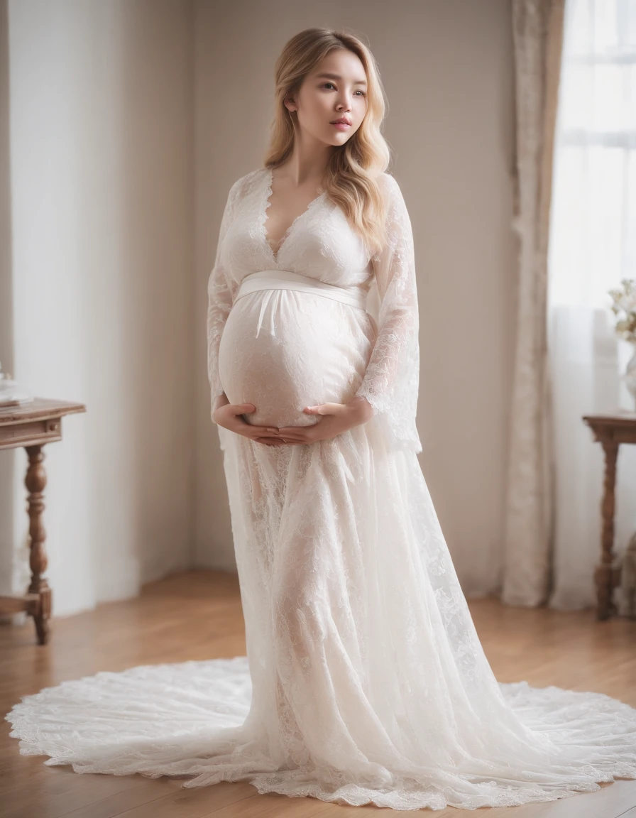 Beautiful pregnant girl big belly blonde hair Japanese long white lace dress full body background a very beautiful room