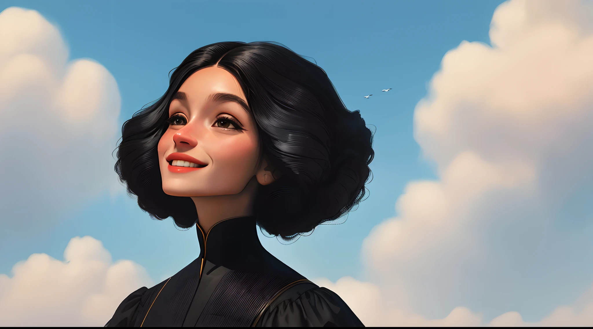 uma mulher vitoriana, cabelo preto, flor de cabelo, sorrindo, pintura Color Field, retroiluminação, anatomicamente correto, anatomicamente correto, Looking Up The Sky, alta qualidade, 8k