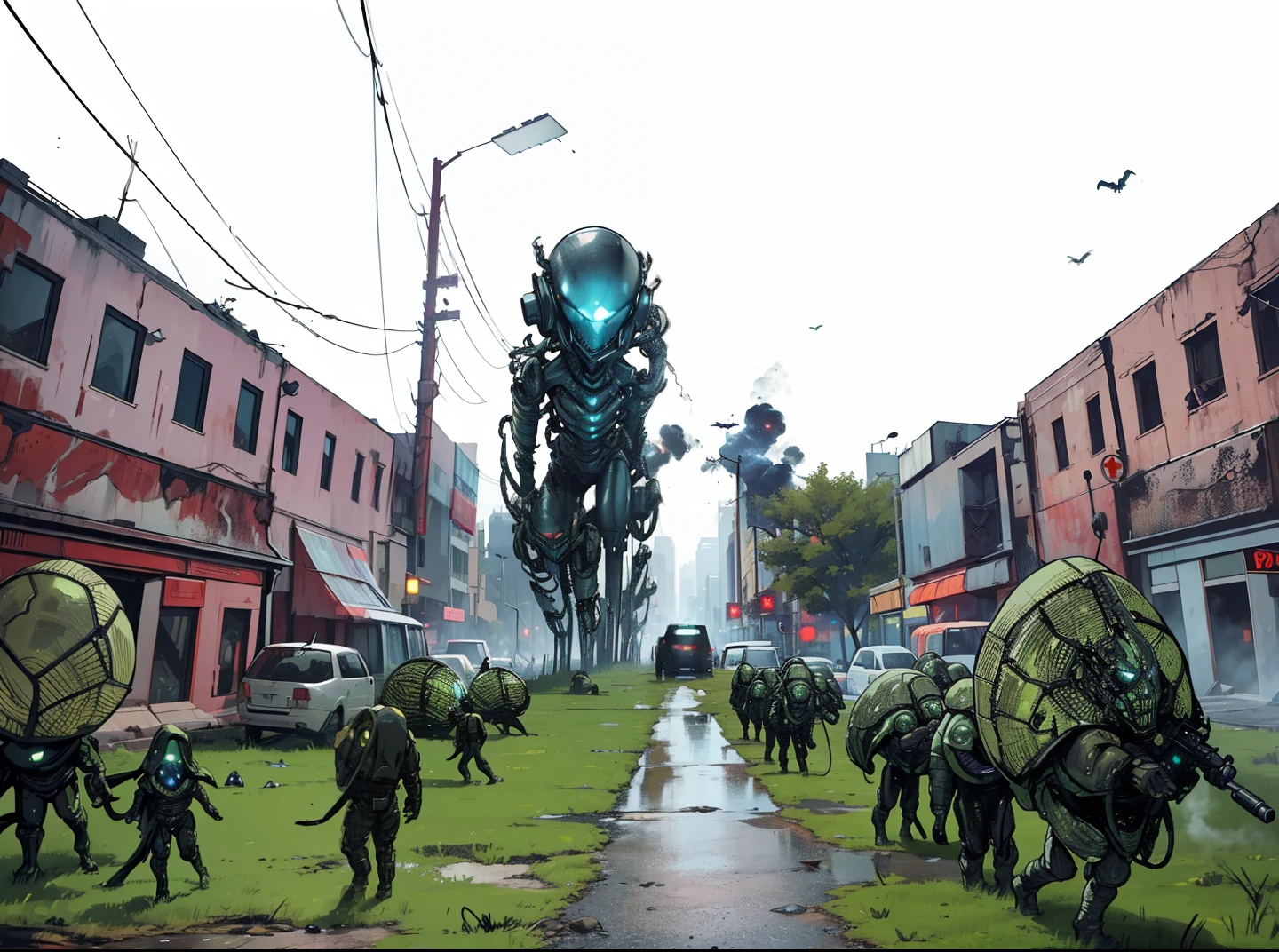 "Creepy and intense alien invasion scene with dark atmosphere, dramatic lighting, and intense action. Show powerful extraterrestrial creatures, advanced technology, destroyed cityscape, panicked civilians, and a sense of imminent danger. Generate an unsettling and immersive image that captures the chaos and terror of an otherworldly invasion."