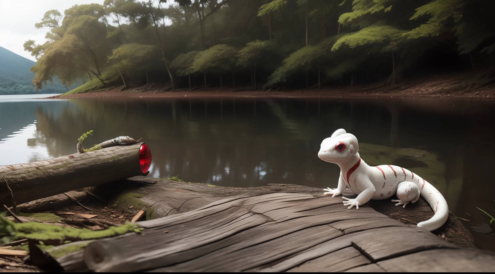 white salamander with red stripes and a red gemstone shining between its eyes resting on a fallen tree stump on the ground at the edge of a lake. In the background, a small simple Brazilian church.