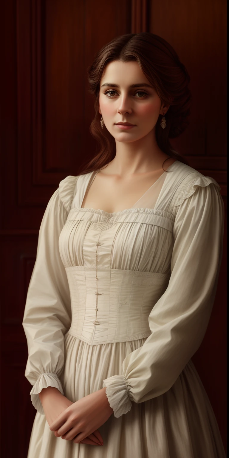 Sad woman in a white dress standing in front of a wooden wall, retrato elegante,an ultrarealistic photo, Victorian era, photorealistic, Victorian era colors, photorealistic