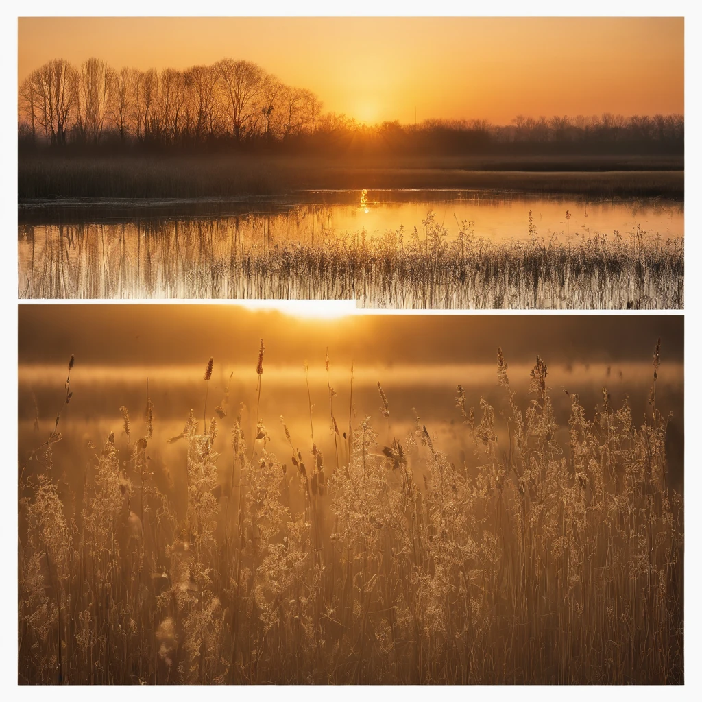 Peaceful reed wetland scenery at dawn and sunrise in winter，Soft gold tones depict the horizon of water and sky，Scattered small wildflowers，IMAGE IN 2560X1440 PIXEL FORMAT