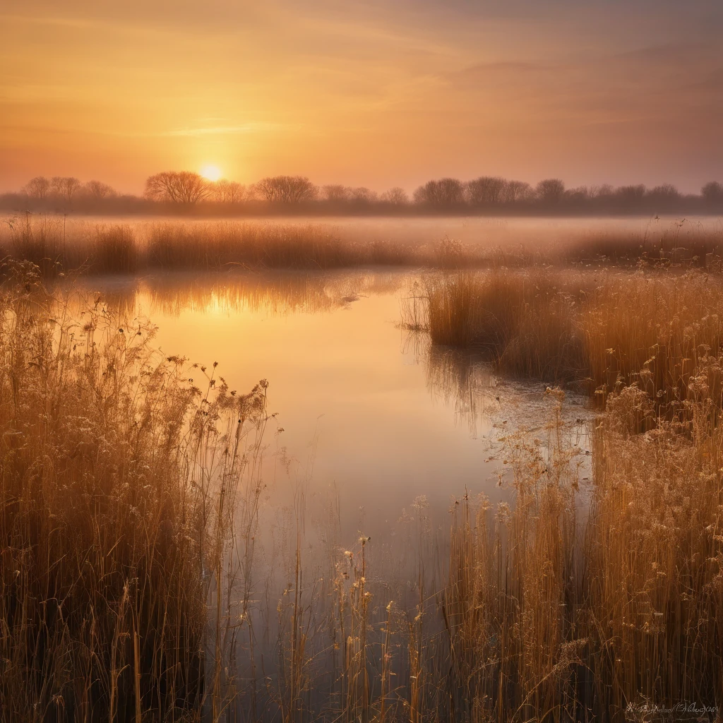 Peaceful reed wetland scenery at dawn and sunrise in winter,Soft gold tones depict the horizon of water and sky,Scattered small wildflowers,IMAGE IN 2560X1440 PIXEL FORMAT